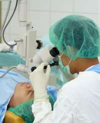 Eye surgeon performing surgery